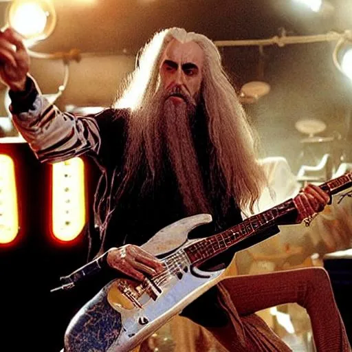 Prompt: saruman playing fender stratocaster in the rock band