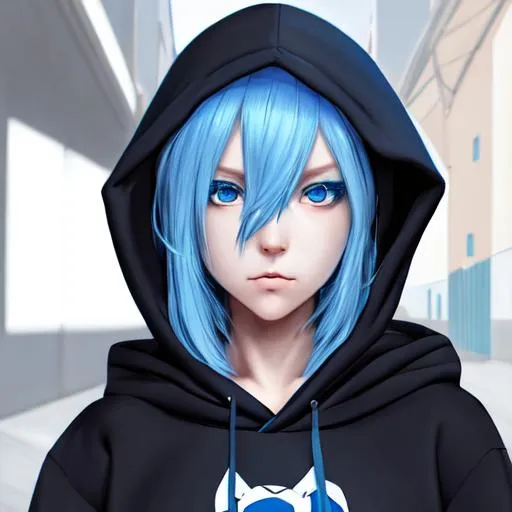 Prompt: Blue hair, hood on head, anthropormphic anime girl, wearing heaphones, blue eyes, looking at the camera, black hoodie, hyperrealism , beautiful photography, highly detailed, hd, 4k, 8k