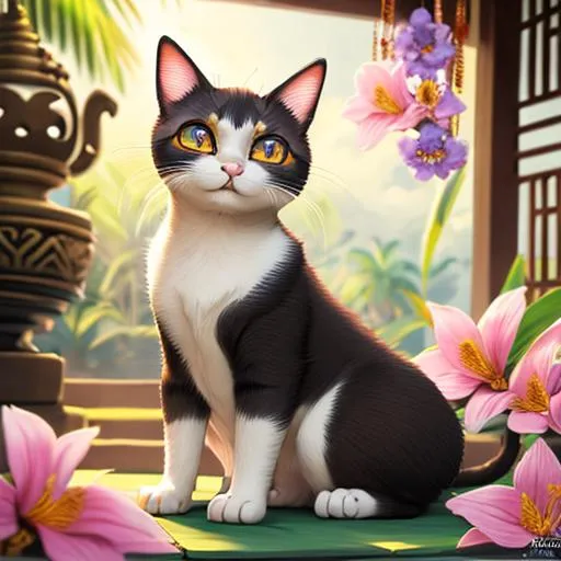 Prompt: Highly realistic of Balinese-Javanese cat,cute,pretty eyes,Adorable,happy,playing,masterpiece,epic,soft lighting,balinese culture,highly detailed,Sharp focus,blue sky,full of flowers,cloudy,exotic,ultra-fine detailed,aesthetic,ilustration,artstation