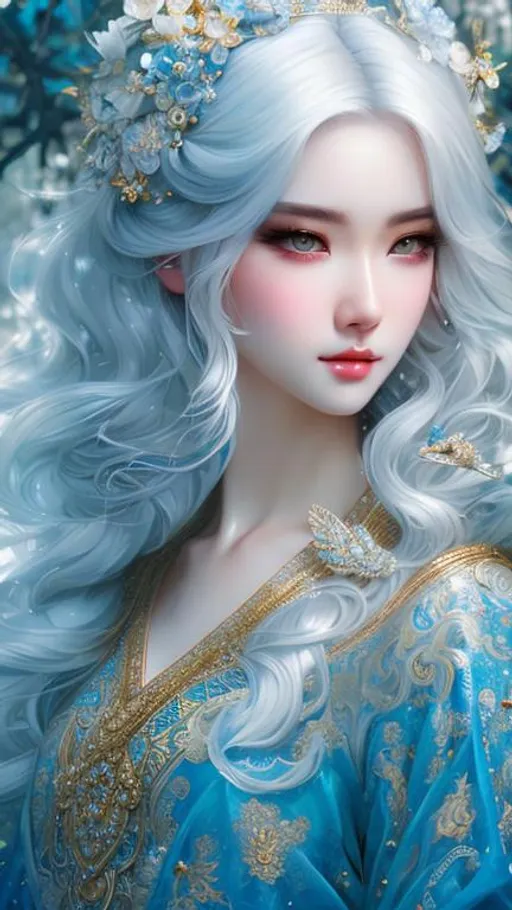 Prompt: hyper detailed painting by sakimichan style and wlop style,  Insanely detailed full body beautiful white hair goddess wearing blue dress with a serious expression, intricate face, beautiful long hair, rule of third of beutiful landscape ultra HD 4k 10 bit depth