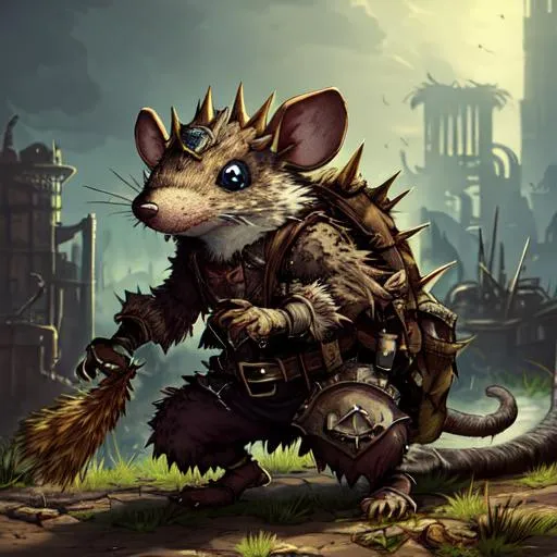 Prompt: Anthropomorphic mutated scupted athletic Rat Thief with furry skin and a spiky on its head.
Swamp with reeds and rocks background, Hard Lighting, Harsh Shadows, Industrial environment, rusted metal, urban decay