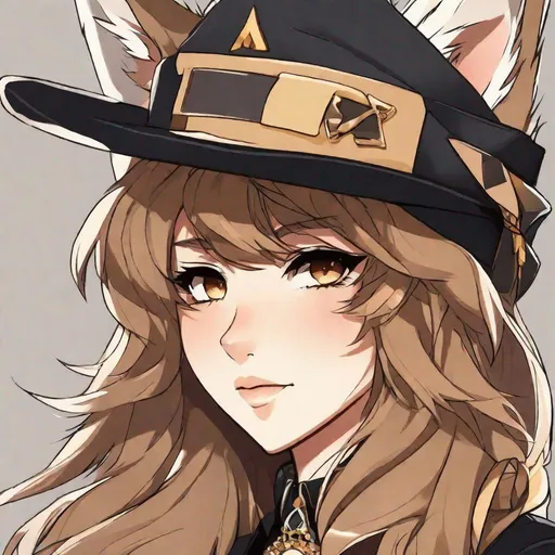 Prompt:  small-framed glamrock wolf human, with deep-set light brown eyes. They identify as female, and have a monotonous voice. As an accessory, they have a hat, and they can be seen wearing ribbons. Anime style. 
