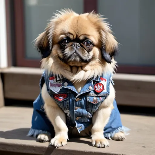 Prompt: Pekingese wearing a heavy metal music denim vest with patches