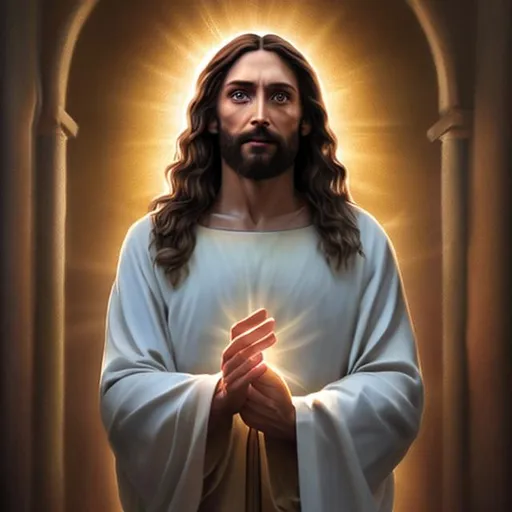 Prompt: Jesus standing with all glory and power, light within darkness, photorealistic