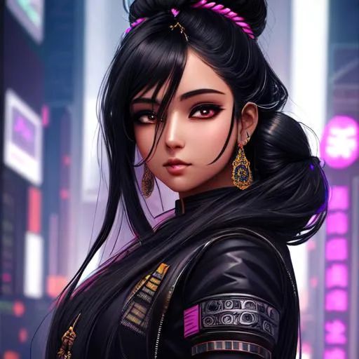 Prompt: 18 years old girl from India, long silk black hair, buns and braids, cyberpunk clothes, cyberpunk massive city, buddha statues, neons, digital painting, artstation, smooth, concept art, ethereal, digital painting, artstation, concept art, smooth, concept art, happy, ethereal, royal vibe, highly detailed, detailed and intricate background, digital painting, Trending on artstation, Big Eyes, artgerm, highest quality stylized character concept masterpiece, award winning digital 3d oil painting art, hyper-realistic, intricate, 64k, UHD, HDR, image of a gorgeous, beautiful, dirty, highly detailed face, hyper-realistic facial features, perfect anatomy in perfect composition of professional, long shot, sharp focus photography, cinematic 3d volumetric