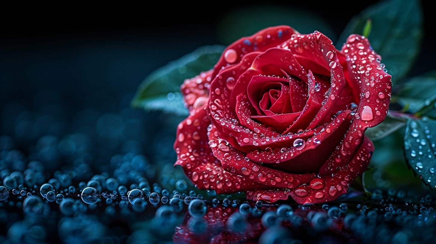 Prompt: artistic macro photo of a red rose on a black mirror surface