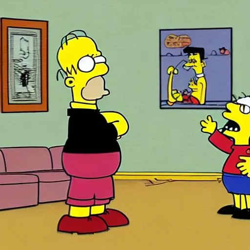 Prompt: homer simpson fighting Dilbert in Charlie Brown's living room