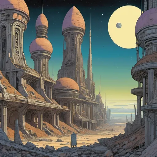 Prompt: A Coruscant-like Art Nouveau city ruins overrun with psychic monsters, in the style of Moebius, starlit sky