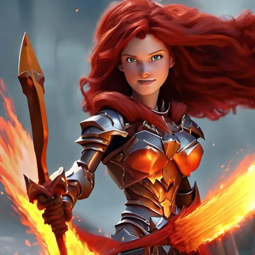 Prompt: Red hair woman paladin with halberd on fire. Pixar style