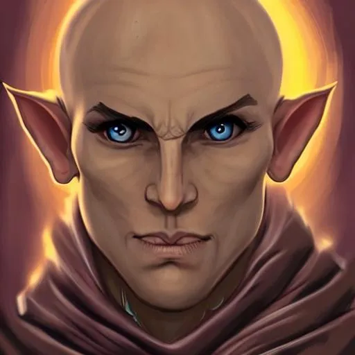 Prompt: dungeons and dragons, wood elf, monk, bald, pointy ears, young, male, detailed face, portrait, blue eyes