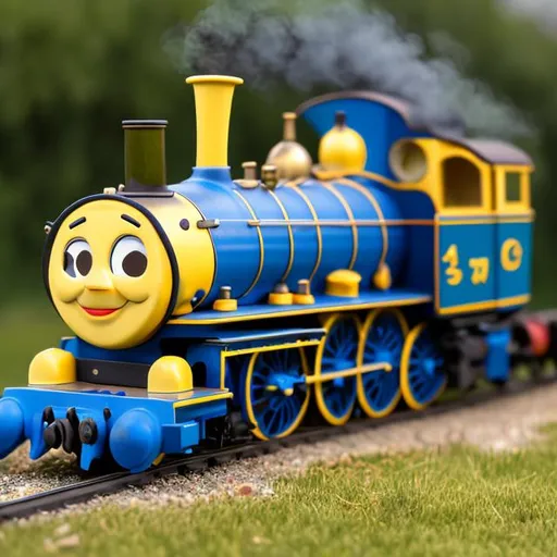 Prompt: Susan The Yellow And Blue 4-4-0 locomotive With Her Whistles Trixie And Savannah 