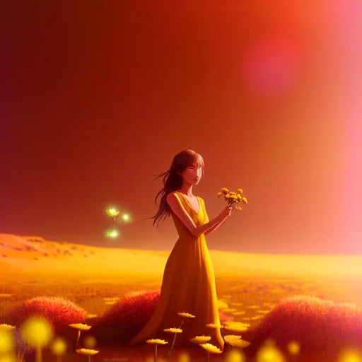Prompt: concept art, a girl golden dress in a field of flowers on Mars, long shot, glow, ultra realistic, digital painting, Jason Chan