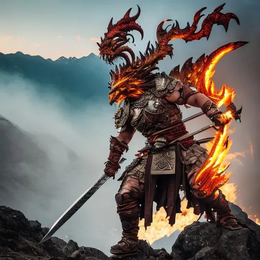 Prompt: a warrior with flaming scales with swords in its mouth on mountain 