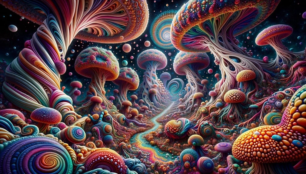 Prompt: the psychedelic psychedelic art by steve wilson, in the style of zbrush, neurocore, poured, surrealistic dreamlike scenes, mushroomcore, uhd image, conceptual art pieces in wide ratio