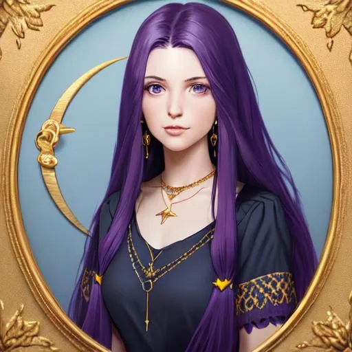 Prompt: Photorealistic portrait of a young woman, with long, flowing dark purple hair, wearing a dark blue knee-length dress with short sleeves and light blue flower embroidery, with gold star earrings and a crescent moon necklace 