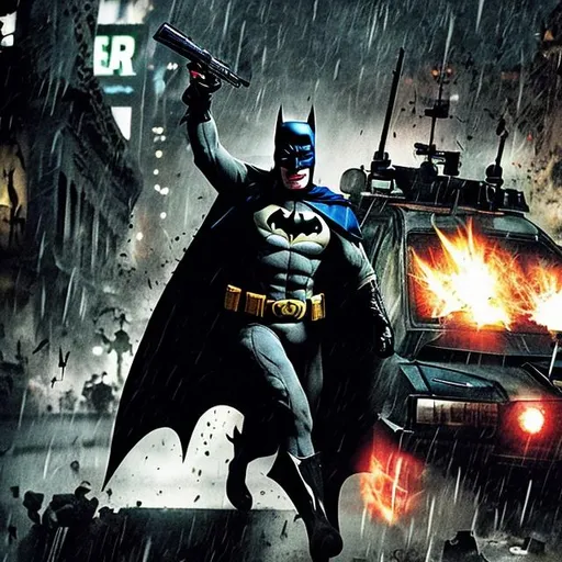 Prompt: batman, injured, rain, night, joker in front of batman, joker laughing pointing gun with flag coming out of the gun barrel, helicopters light up the place, SWAT police, armed in the background.