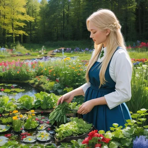 Prompt: 25 years old traditional dress Finnish blonde gathering vegetables in flourishing nature, vegetable garden, bloom, sunshine, waterfall, pond, magical forest, colorful flowers, blue sky, award winning photography