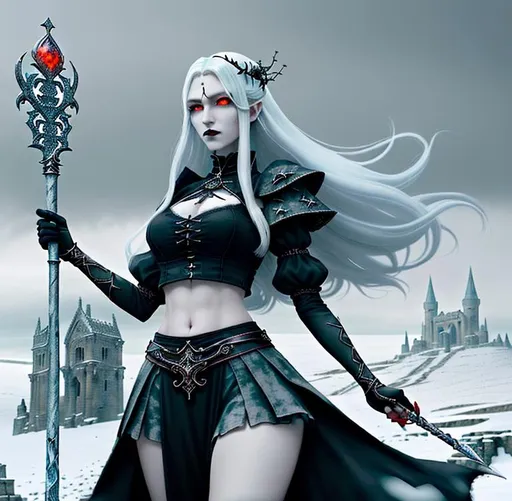 Prompt: Gorgeous perfectly detailed facial features, long legs, sumptuous hyper detailed perfect body, ultra pale, visible midriff, random pose, gothic fantasy, gloomy random ancient dystopian top of the world landscape, heavy snow, female gothic mage with a Sceptre, 

wearing a weathered old period appropriate outfit, flowing random colored hair, random length hair, porcelain face, large reflective red eyes, fierce agonizing look, 

Splashart, wandering magical lights, surreal, symmetrical intricate details, hyper detailed perfect studio lighting, perfect shading, 

Professional Photo Realistic Image, RAW, artstation, splash style dark fractal paint, contour, hyper detailed, intricately detailed, unreal engine, fantastical, intricate detail, steam screen, complimentary colors, fantasy concept art, 64k resolution, deviantart masterpiece, splash arts, ultra details, Ultra realistic, hi res, UHD, complete 3D rendering.