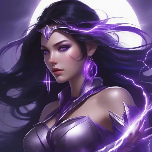 Prompt: female, 30 year old, 170cm, long, dark black untied hair, goes to waist, with minute purple streaks in her hair, deep purple eyes, purple lightning earrings in both ears, white skin, silver gauntlet on right hand, left hand holding a ball of purple lightning, long shot, highest quality, best art