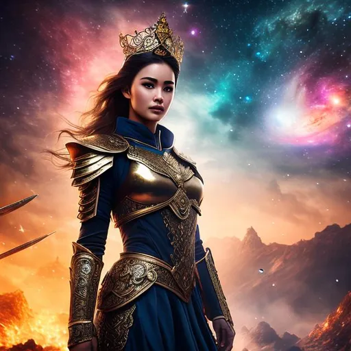 Prompt: create a photograph of beautiful fictional female with crown fighting in war, extremely, detailed environment, detailed background,planets an nebulae in sky highly detailed, intricate, detailed skin, natural colours , professionally colour graded, photorealism, 8k, moody lighting
