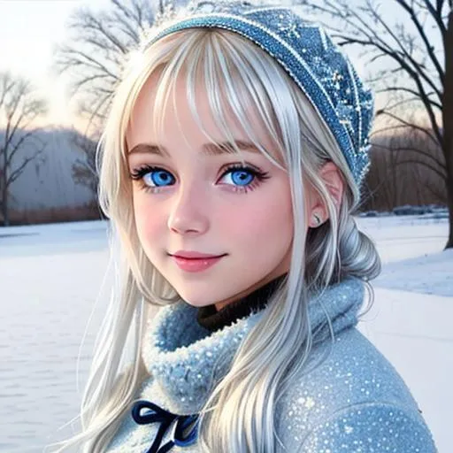 Prompt: young girl,  blonde hair,covered in frost, bashful hypnotic blue eyes, calm bashful smile, gorgeous silver hair
