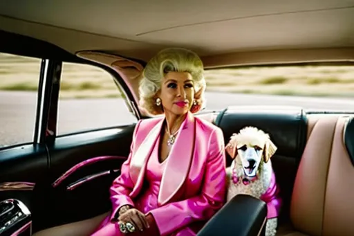 Prompt: An aging Hollywood movie queen in a pink suit seated in the backseat of a limousine her white poodle seated beside.