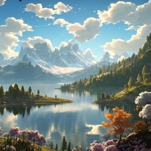 Prompt: Overlooking a cliff onto a serene and beautiful landscape of a large clear lake separating a forest of many different types of trees and a meadow of different types of flowers. In the distance have snow capped mountains. Many animals are present. Fluffy clouds dot the sky. God rays piercing through some clouds onto the lake below.