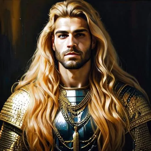 Prompt: Hyperrealistic  oil painting  , long golden hair paladin with striking eyes, a manly face, long and angular an intense gaze simple chain mail shining strong man, baroque art by Diego Velázquez