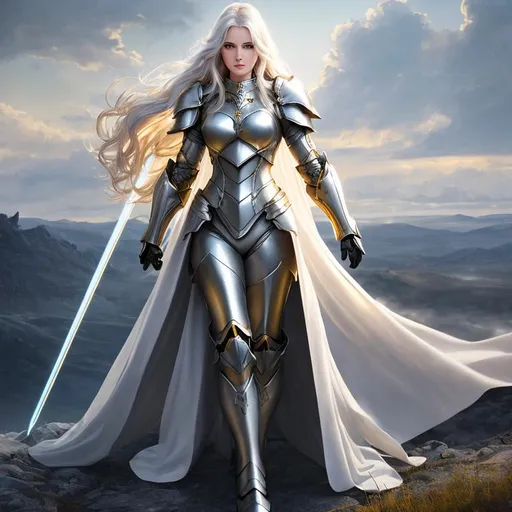Prompt: oil painting of young women wearing silver heavy mechanized armor standing on hilltop,
stunning face,
long flowing white hair,
gold armor details,
long silver cape,
glowing halo effect,
movie scene,
medium shot,
UHD