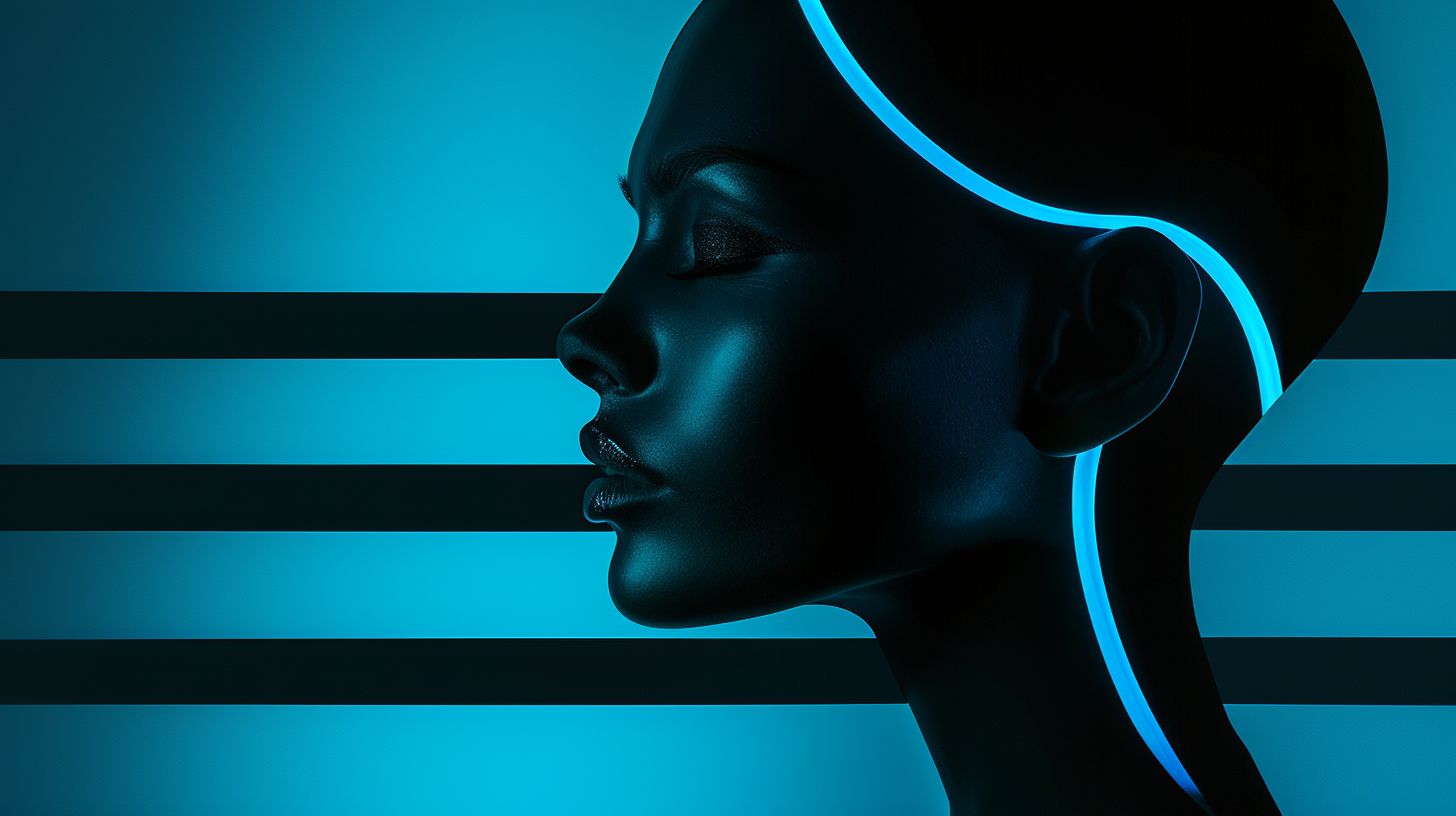 Prompt: Her silhouette against a backdrop of intersecting black bars, in a mix of airbrush and digital art, bronze and navy blue, neon grids of holographic glass, echoing Taras Loboda, elegant beauty, geometric grid