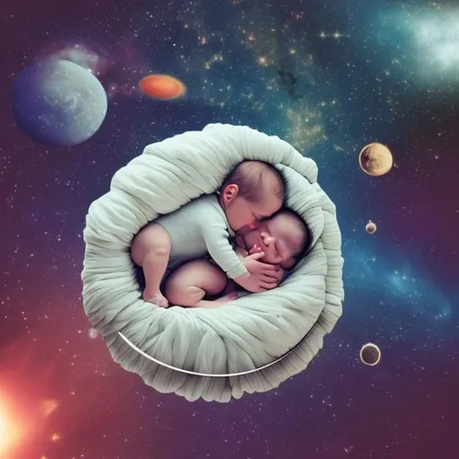 Prompt: a baby in space in the fetal position sleeping in the arms of god 

