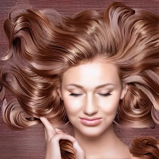 Prompt: Create a 3D background image related to a hair salon featuring a woman with beautiful, flowing hair. The woman should be sitting in a stylist's chair with a hairdresser attending to her hair. The salon environment should be modern and inviting with mirrors, styling tools, and hair care products visible in the background. Use a color palette that is soothing and harmonious, reflecting a relaxed and welcoming atmosphere.