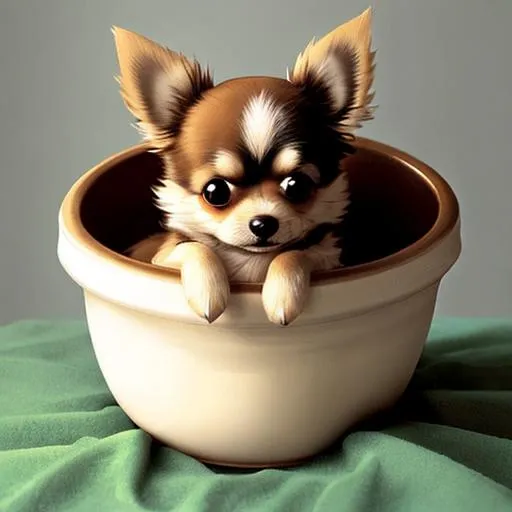 Prompt: Cute Little VERY fluffy chihuahua Curled up in a bowl