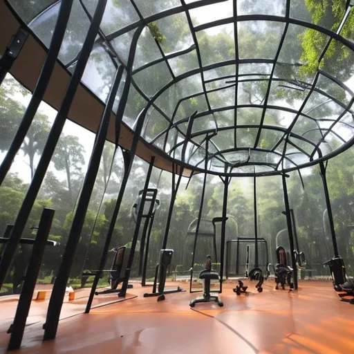 Prompt: A modern indoor gym in a park. After rain. Animals.