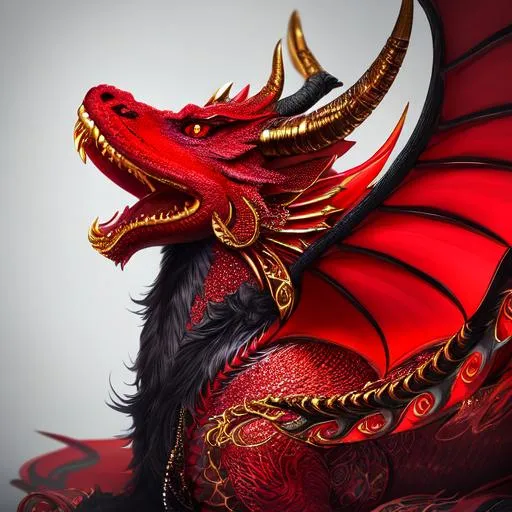 Prompt: portrait of a roaring red sparkly DRAGON demon DRAGON with fangs and golden jewelry with black forwards arching horns and a cute face, perfect composition, hyperrealistic, super detailed, 8k, high quality, trending art, trending on artstation, sharp focus, studio photo, intricate details, highly detailed