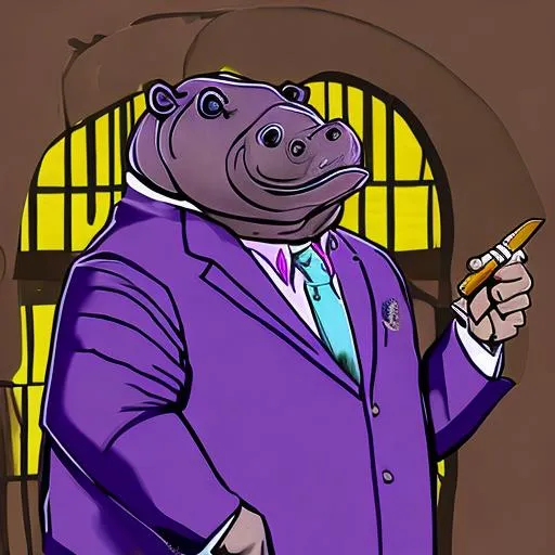 Prompt: Humanoid hippo-man, wearing an extremely expensive purple suit, holding a cigar, ominous lighting, hyper-detail