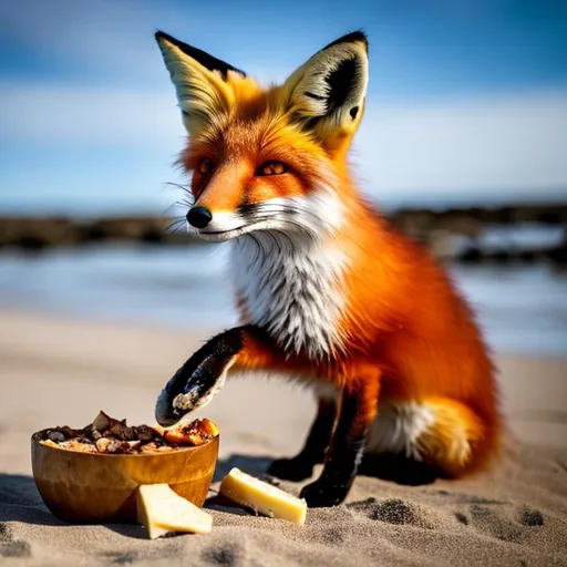 Prompt: Portrait of a fox eating cheese on the beach