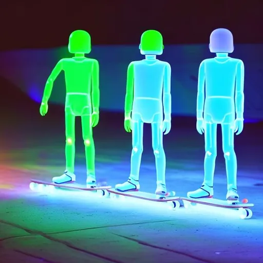 Prompt: TRANSLUCENT florescent neon androids riding on skateboards  