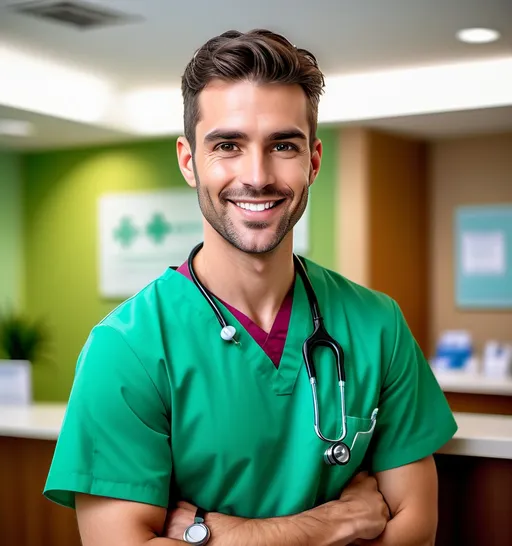 Prompt: (handsome male nurse at hospital reception), warm smile, green file in hand, stethoscope draped around neck, modern hospital setting, clean and professional ambiance, bright lighting, vibrant colors, cheerful atmosphere, detailed facial features, wearing hospital scrubs, ultra-detailed, high-quality image, showcasing professionalism and compassion in healthcare.