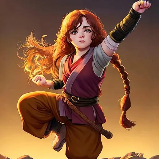 Prompt: halfling, monk aesthetic,no extra limbs, no extra fingers, female, fantasy, long hair, portrait for game, full body, fighting pose, teenlike face