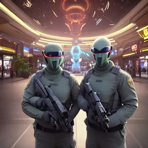 Prompt: Wallaby security guards in a busy alien mall, widescreen, infinity vanishing point, galaxy background, surprise easter egg