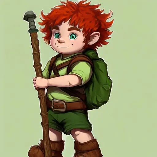 Prompt: Teenage Halfling boy with red hair and green eyes. He carries a staff and backpack. He has a small animated teddy bear companion. 