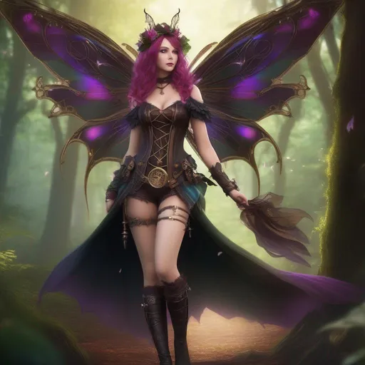 Prompt: ((Epic)). ((Cinematic)). Shes a colorful, Steam Punk, gothic, witch.  ((distinct)) Winged fairy, with a skimpy, ((colorful)), gossamer, flowing outfit, standing in a forest by a village. ((Wide angle)). Detailed Illustration. ((4k)), 8k.  Full body in shot. Hyper real painting. Photo real. A ((beautiful)), very shapely woman with ((anatomically real hands)), and ((vivid)) colorful, ((bright)) eyes. A ((pristine))  Halloween night. ((Concept style art)). 