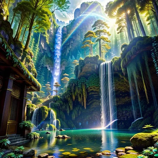 Prompt: {wide angle} {long shot} {center shot} 3D, HD, Fantasy, Mystical, Dreamy, ({Middle-aged}female as Sorceress) {facing camera}, Expansive Magical Forest Waterfall background, ultra-detailed, backlit, shadows, ultra-sharp focus, detail, ominous, symmetrical, golden ratio, intricate, cinematic character render, unreal engine 5, 64K --s98500