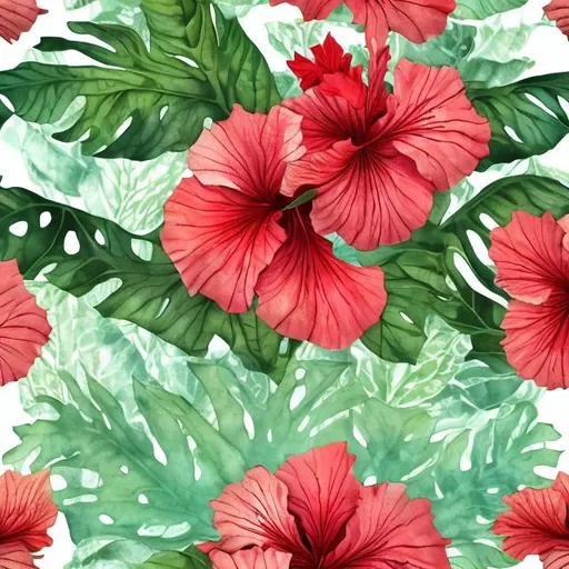 Prompt: red hibiscus floral seamless pattern, green watercolor background, focus on flowers, intricate details, hawaiian style