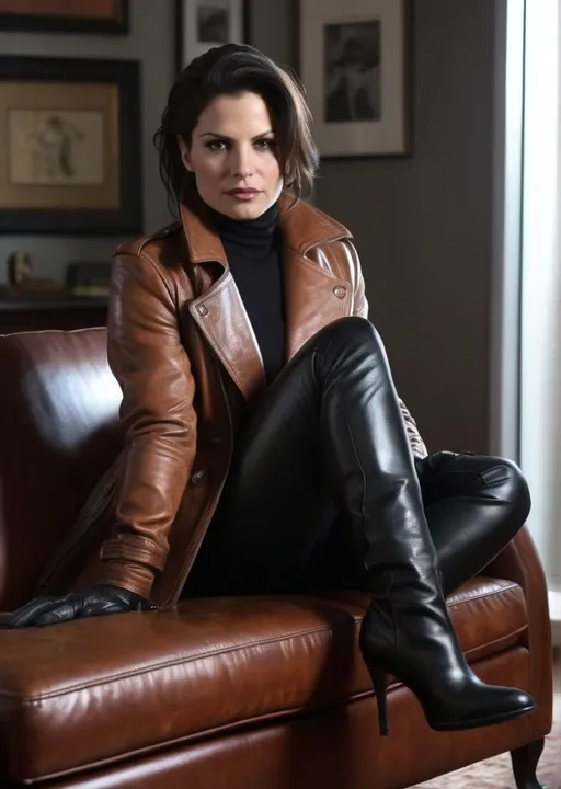 Prompt: photorealistic, detailed eyes, Lana Parrilla ponytail, visually sitting in the corner of living room in tight brown leather coat, gloves, and tall high heel buckle boots, polished leather, atmospheric lighting, high quality, 12K full frame, ISO 400
