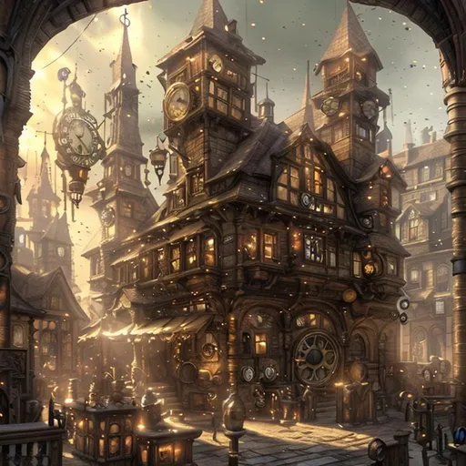 Prompt: A town hall in a medieval fantasy steampunk town covered in clocks and gear wheels, doors large and small, first-person view, medium distance, detailed digital art, hyper realistic