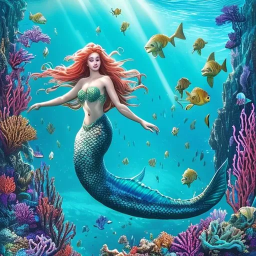 Prompt: artwork featuring a breathtaking mermaid gracefully swimming in a vibrant underwater world. The artwork should showcase a scene filled with stunning corals in various shapes and colors, sparkling waters reflecting sunlight, and a diverse array of brilliantly colored fish swimming alongside the mermaid. Use your artistic interpretation to bring this enchanting underwater realm to life, capturing the magical essence and tranquility of the ocean depths. Employ vivid hues, intricate details, and shimmering effects to enhance the beauty and allure of the mermaid and her aquatic surroundings.