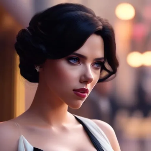 Prompt: Scarlett Johansson as A beautiful black haired woman, hair in updo, stylish makeup, cinematic lighting, hyperrealistic,  detailed cloth