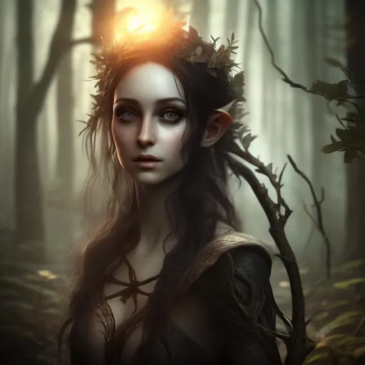Prompt: Realistic digital render, dark shadowy forest, young beautiful elvish woman, perfect features, black hair, holding a glowing or staff




